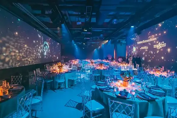 The Symes: event hall lit for a gala
